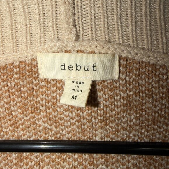 Debut Checkered Cardigan Size M Tan Cream V Neck Button Cozy Knit - Picture 3 of 7